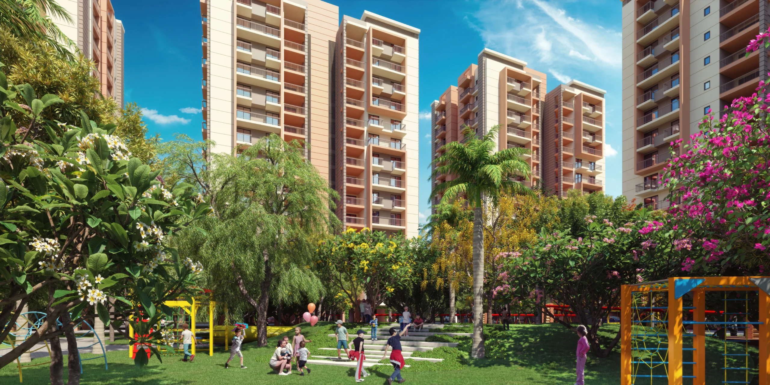 ashiana amarah sector 93 park playing children with family, beutifull flowers and ashiana new launch towers in the background